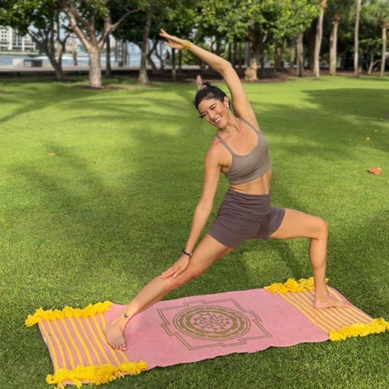 Eco-friendly Sri Yantra Yoga Mat made from organic cotton and dyed with Sappan Wood, enhancing your yoga practice with natural spirituality